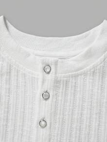 Men Vintage Vertical Rib Henley Shirt Textured Half Placket Short Sleeve Tee Solid Casual Top - White - View 5