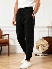 Men's Solid Color Casual Fashion Daily Versatile Fleece Pants - Black - View 3