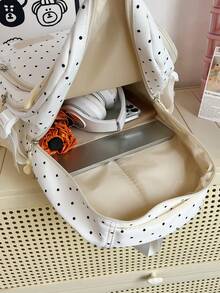 3pcs White Nylon Polka Dot Letter Patch Multi-Pocket School Backpack Set, Large Capacity College Student Bag, Crossbody Bag, Pencil Case, Travel Bag - White - View 8