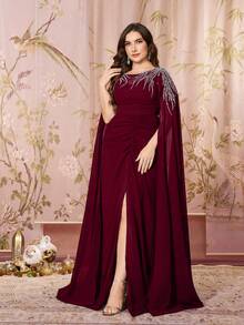 SUPGIR Round Neck Leaf Pattern Heavy Beaded Embroidery Decorated Elegant Chiffon Formal Evening Gown - Burgundy - View 3