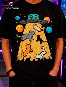 Alien Cat Catching T-Shirt, Unisex Men's And Women's Blouse, 100% Cotton, Premium Top Streetwear, New Release, Immediate Shipping, Various Colors!! - 黑色 - 查看 4