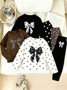 Random 6pcs/Set Girls Casual Fashion Cute Bow, Polka Dot, Heart, Leopard Print Long Sleeve And Tight Fit Set, School, Back To School Comfortable Daily Wear - Multicolor - View 2