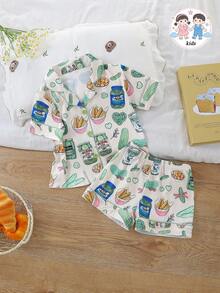 2pcs/Set Girls Cute Casual Cucumber Print Lapel Short Sleeve Cardigan And Shorts Pajama Set Flame Retardant All Season Toddler - Multicolor - View 1