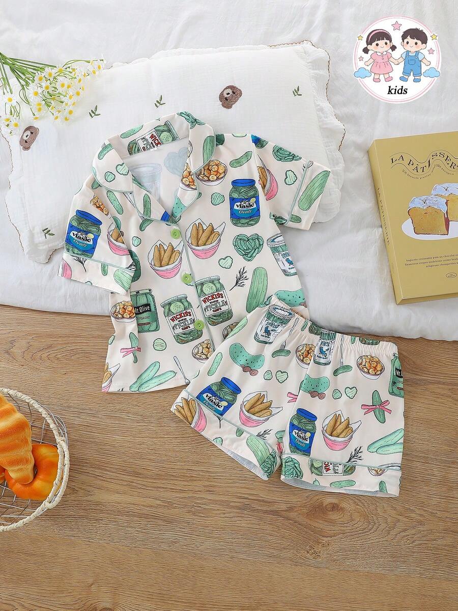 2pcs/Set Girls Cute Casual Cucumber Print Lapel Short Sleeve Cardigan And Shorts Pajama Set Flame Retardant All Season Toddler - Multicolor - View 1