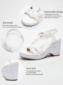 Women's Elegant White Braided Wedge Sandals, Open Toe Braided Elastic Back Strap Design, Suitable For Weddings, Parties, Commuting, Office, Summer Daily Wear - White - View 11