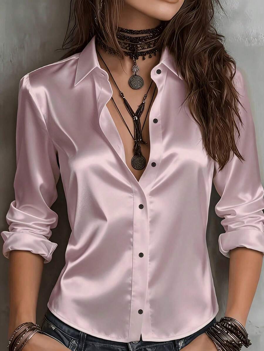 Blus Satin Elegan Wanita untuk Semua Musim, Warna Pink - Berwarna merah muda - View 1