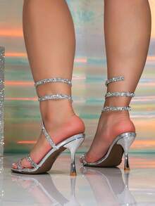 Sexy High Heel Sandals With Spiral Straps And Rhinestones For Party Fashion - Metallic Silver - View 3