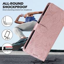 Cartera de teléfono de cuero sintético con elemento floral rosa, diseño de borde plegable con ranuras para tarjetas y cordón, proporciona protección completa para varios modelos de teléfonos inteligentes, resistente al agua, a los golpes, a los impactos y a los arañazos, regalo de primavera - Oro rosa - Ver 2