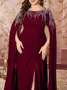 SUPGIR Round Neck Leaf Pattern Heavy Beaded Embroidery Decorated Elegant Chiffon Formal Evening Gown - Burgundy - View 6