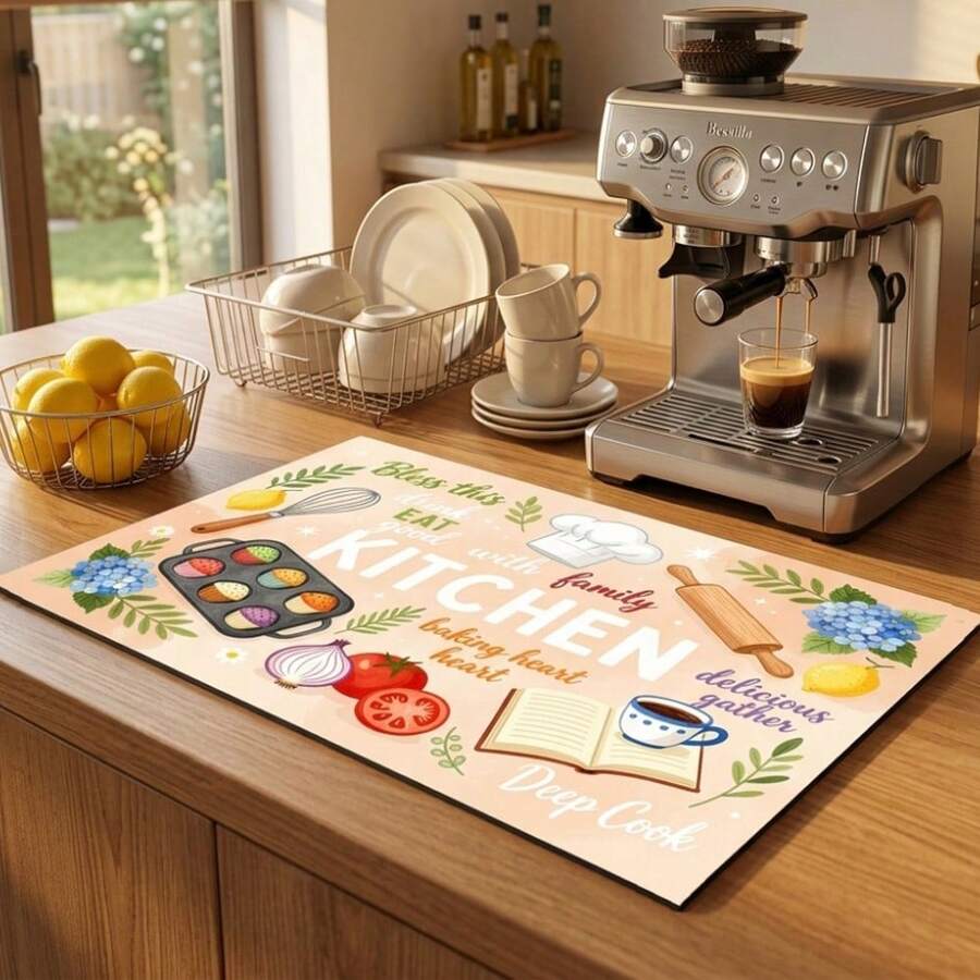 1pc Dish Drying Mat, Coffee Machine Mat, Kitchen Absorbent Non-Slip Mat, Cartoon Cooking Style Heat-Resistant Mat, Stove Countertop Heat-Resistant Mat, Baking Food Theme Decorative Mat, Suitable For Living Room, Dining Table, Restaurant Scenes, Kitchen Decor