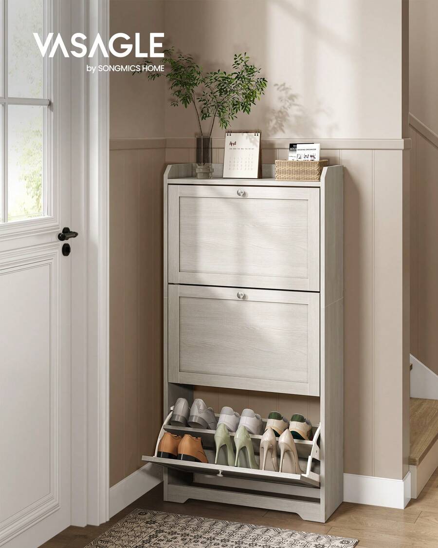 VASAGLE Shoe Cabinet With 3 Flip Drawers, Shoe Storage Cabinet, Adjustable And Removable Dividers, Holds Up To 18 Pairs Of Shoes, Entryway, 9.4 X 23.6 X 42.5 Inches - 米色 - 查看 1