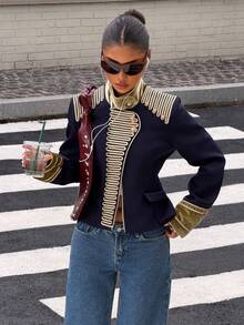 DEEKA Spring/Autumn New Women's European & American Style Fashion Versatile Rope Knot Button Napoleon Style Jacket - Navy Blue - View 1