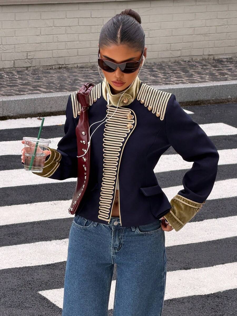 DEEKA Spring/Autumn New Women's European & American Style Fashion Versatile Rope Knot Button Napoleon Style Jacket - Navy Blue - View 1