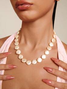 Altistry 1pc Asymmetrical Pearl Bead Decor Women Elegant Fashion Necklace, Versatile For Daily Wear - Beige - View 5
