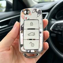 1 Stück Autoschlüsselhülle mit niedlichem Muster, geeignet für Jetta Mk6, Polo Mk5, Golf Mk6, Tiguan Mk1, Passat B7, Passat NMS, Caddy Mk3, Beetle, Amarok, Touran Mk1. Hochwertige Soft-Touch-Oberfläche, blockiert das Signal nicht, Unisex. - 3-Tasten-Modell AA - Übersicht 1