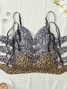 4-Piece Set Of Women's Leopard Print Three-Button Adjustable Shoulder Strap Bra With French Fixed Cups - Multicolor - View 4