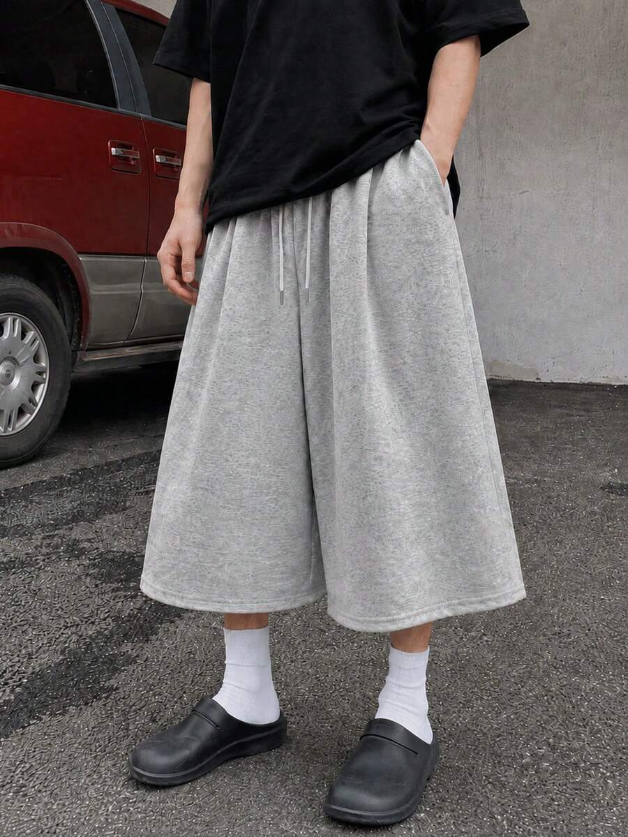 Men's Relaxed Capri Sweatpants, Heather Knit Calf-Length Casual Pants With Elastic Drawstring Waist, Gym Lounge Wear Sports - Light Grey - View 1