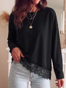 Plus Size Women Solid Color Contrast Lace Hem Long Sleeve Top - Black - View 2