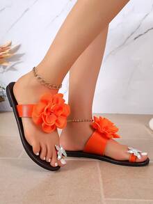 Women's 3D Floral Toe-Post Sandals, Flat Rhinestone Butterfly Pattern Flip-Flops, Summer Vacation Beach Casual Sandals - Orange - View 7
