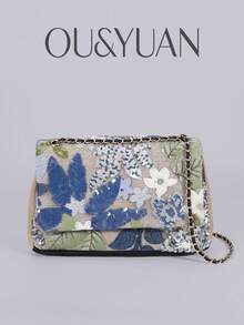 亮片刺繡花卉鏈條單肩包，女款時尚精緻亮片拼接翻蓋鏈條包，適合度假 - 彩色 - 查看 3