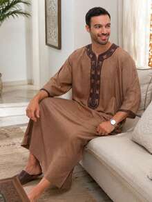 Jubah Panjang Bordir Cokelat Tua, Jubah Panjang Pria Serbaguna dengan Potongan Longgar, Pakaian Kasual Elegan - Coffee Brown - View 3