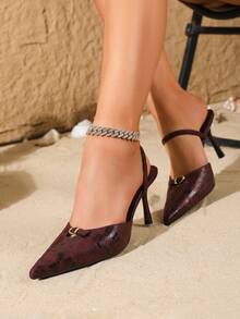 On feet& in love Women's Fashion Elegant Stone Pattern Pointed Toe Buckle Closed Toe Slingback Minimalist Versatile Stiletto High Heel Pumps Suitable For Party Dress Matching - Burgundy - View 3