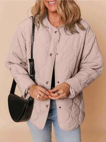 Jaket Kasual Wanita Warna Pink Berbahan Quilted Tanpa Kerah dengan Kancing Depan, Musim Gugur/Dingin - mawar coklat - View 3