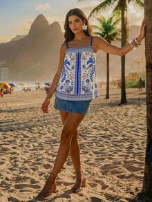 CAJUNI Women Floral Print Casual Boho Versatile Daily Wear Camisole Top Beach Vacation White Summer - Multicolor - View 2