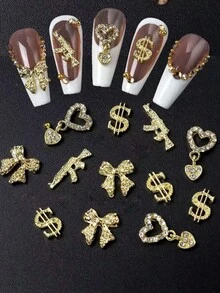 20pcs/Pack 3D Gold Nail Art Decorations - Heart, Bow, Gun And Dollar Sign Rhinestone Nail Decor, Suitable For Nails/Toes, Perfect For Parties, Weddings And Proms, Long-Lasting Shine. - Multicolor - View 1