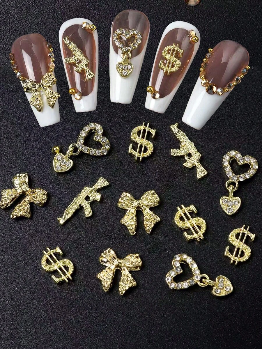 20pcs/Pack 3D Gold Nail Art Decorations - Heart, Bow, Gun And Dollar Sign Rhinestone Nail Decor, Suitable For Nails/Toes, Perfect For Parties, Weddings And Proms, Long-Lasting Shine. - Multicolor - View 1