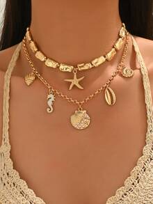 2 piezas/Set Collar de cuentas CCB con diseño vintage asimétrico, collar decorativo de moda con múltiples colgantes de criaturas marinas en tono dorado, joyería de cuello encantadora para mujeres adecuada para uso diario, vacaciones, fiestas y reuniones - Multicolor - Ver 1