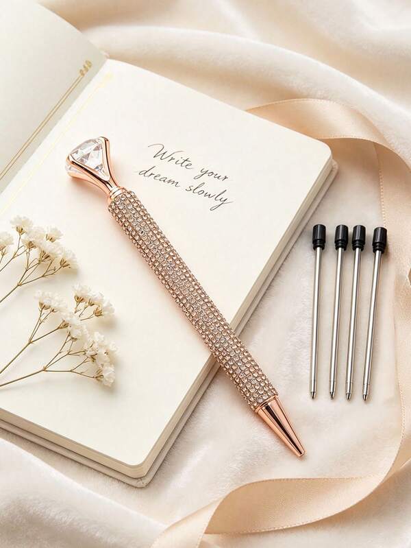 5pcs (1 Pen + 4 Refills) Luxury Rhinestone Ballpoint Pen Set, Sparkling Artificial Diamonds, Creative Gift Writing Pen, Fashionable Writing, Premium Appearance, High-Quality Material, Luxury Stationery, Gift Shoppers, Professionals, Ideal Office Supplies, Party Gifts, Perfect Gift For Teachers And Students, Metal Structure, Medium Tip, Office Supplies