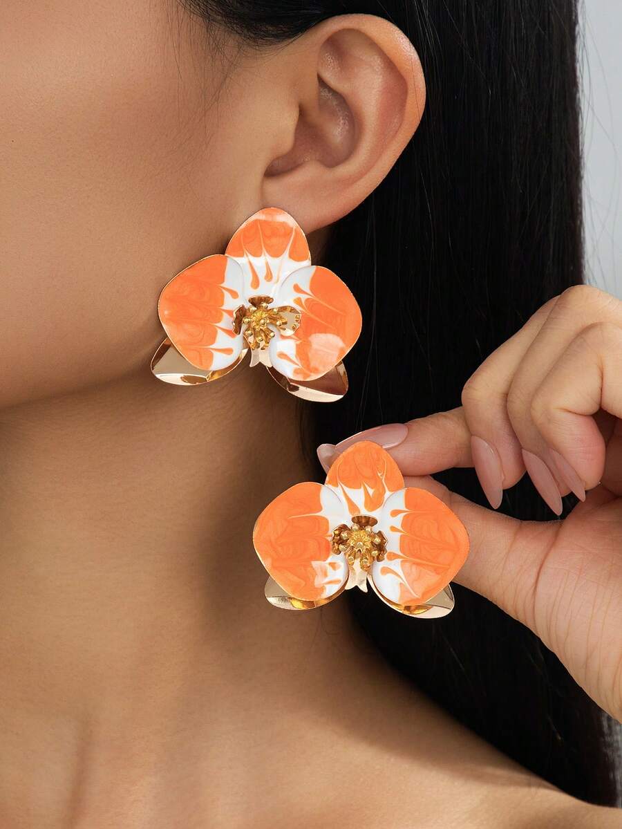 1 Pair Luxury Elegant High-End Summer Vacation Beach Style Handmade Oil Drop Gradient Tie Dye Floral Design Drip Oil Pull Flower Stud Earrings For Women - Flowers - View 1