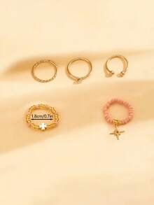 5pcs Fashion Sweet Pink & Orange Beaded Ring Set, Daily Versatile Star Pendant Gold Wire Braided Open Stackable Rings, Suitable For Women's Daily Wear, Outings, Fashion Layering Rings, Perfect For Summer Beach Vacation, Summer Style - Multicolor - View 3