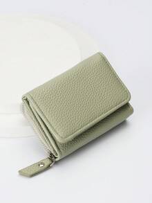 BATSIOE Cartera corta de mujer de unicolor con textura de lichi, monedero mini multifunción de tres pliegues con cremallera - Verde - Ver 8