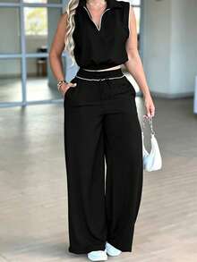 Women's Minimalist Commuter Casual 2-Piece Set, Sleeveless High Waist Collared Top With Pockets And Faux Drawstring, Spring/Summer Black Elegant - Black - View 1