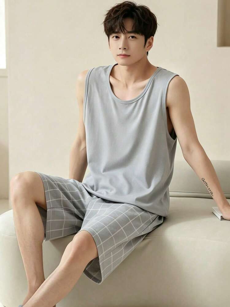 AICJ 2pcs Men's Solid Color Casual Loose Basic Round Neck Sleeveless Top & Plaid Shorts Pajama Set, Suitable For Spring/Summer Loungewear & Outerwear - Light Grey - View 1