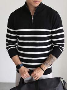 Men's Vintage Striped Half-Zip Sweater, Black & White Contrast Color, Stand Collar, Loose Fit, Casual, Autumn/Winter, Commute, Knit Long Sleeve Pullover - Black - View 3