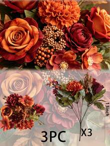 3pcs Artificial Daisy Peony Rose Bouquet With Hydrangea Accents, Faux Flowers, Home Decor, Autumn, Wedding, Halloween, Thanksgiving, Autumn Table Centerpiece Decoration, Home Office Display, Hotel, Home Room, Table Party Decoration, DIY Wreath Decoration - Orange - View 13