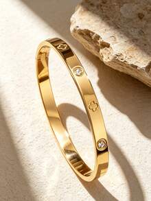 1 Set Elegant Style Stainless Steel Women's Bracelet With Four-Leaf Clover/Geometric Glass Inlay Design, Suitable For Daily Wear - Yellow Gold - View 7