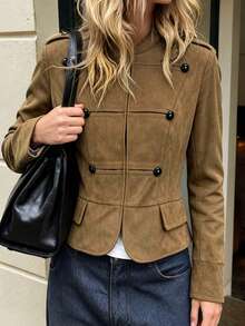 Women's Button-Up Short Jacket, Brown Stand Collar Vintage Style, French Chic - Brown - View 6