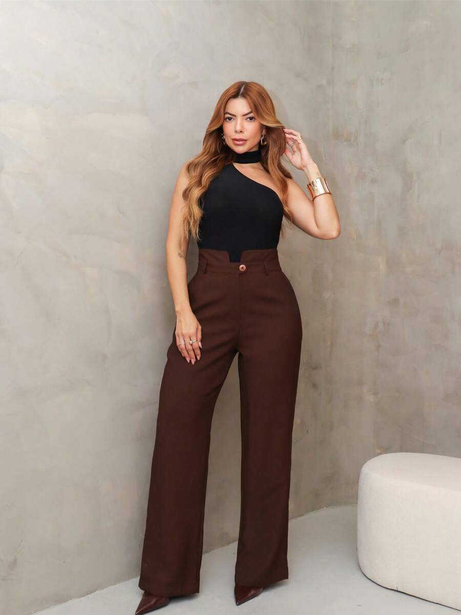 YING ZI Marrant Fermer Mode Tailored Dress Pants - 巧克力棕色 - 查看 1