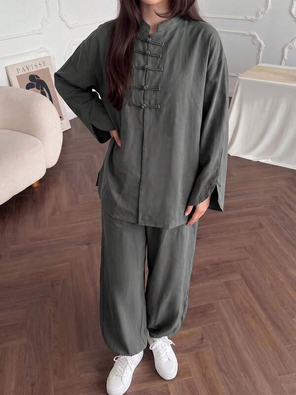 Unique Minimalist New Chinese Co-Ord Set Women, Elastic Cuff Baggy Jogger Pants Dark Green Elegant