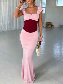 Contrast Color Sweetheart Neckline Fitted Waist Slim Fit Bodycon Mermaid Tail Evening Dress - Pink - View 1