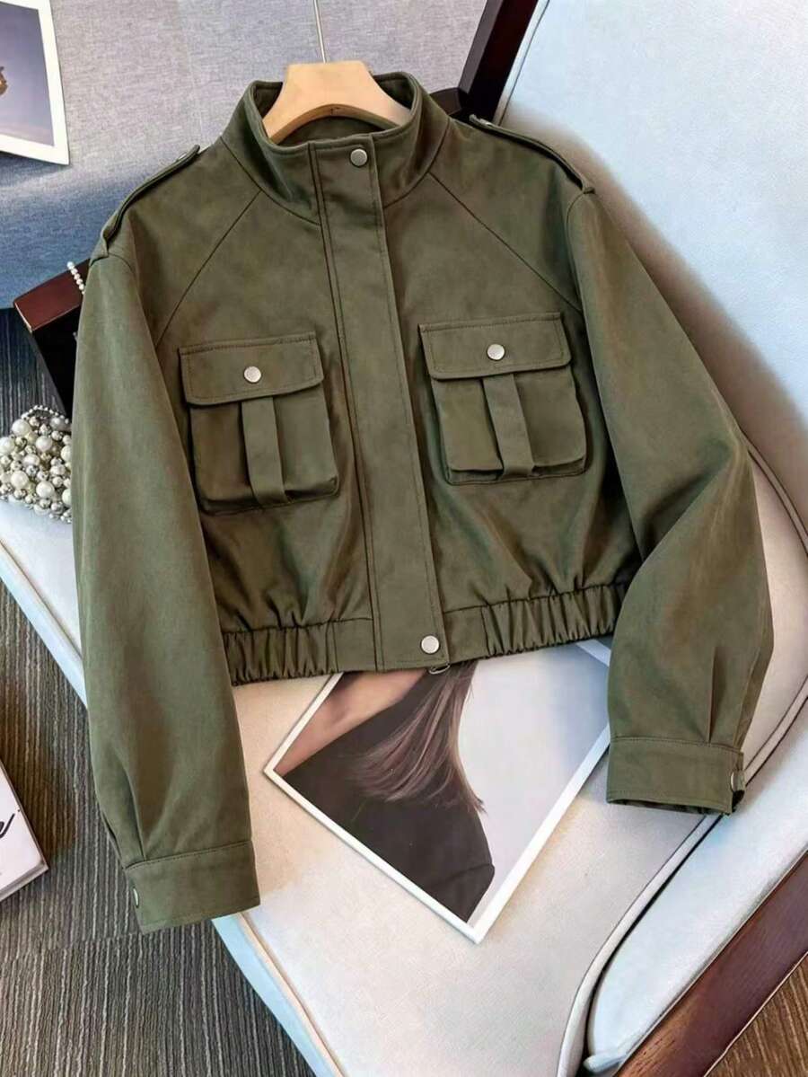 Women's New Autumn/Winter Casual Front Flap Pocket Zipper Open Front Jacket, Suitable For Outdoor, Street Style, Commuting, Daily Wear, Back To School, Halloween, Christmas - Army Green - View 1