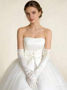 1 Pair Women's Extra Long Over-Elbow Double-Row Beaded Satin Bridal Wedding Gloves, Suitable For Outfit Matching - Milky White - View 2