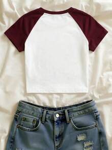 Women's Summer Minimalist Design Colorblock Raglan Sleeve Round Neck Letter & Floral Print Short Sleeve T-Shirt Top, Fashionable Versatile Casual Everyday Wear - Red and White - View 2