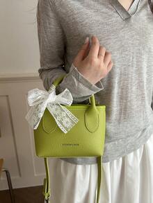 Borsa a spalla piccola quadrata colore caramella dolce, borsa da donna alla moda dopamina con fiocco, borsa da donna carina stile Lolita - Verde Oliva - Visualizzare 5