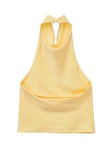 Spring/Summer Solid Color Satin Halter Backless Top Yellow - Yellow - View 4