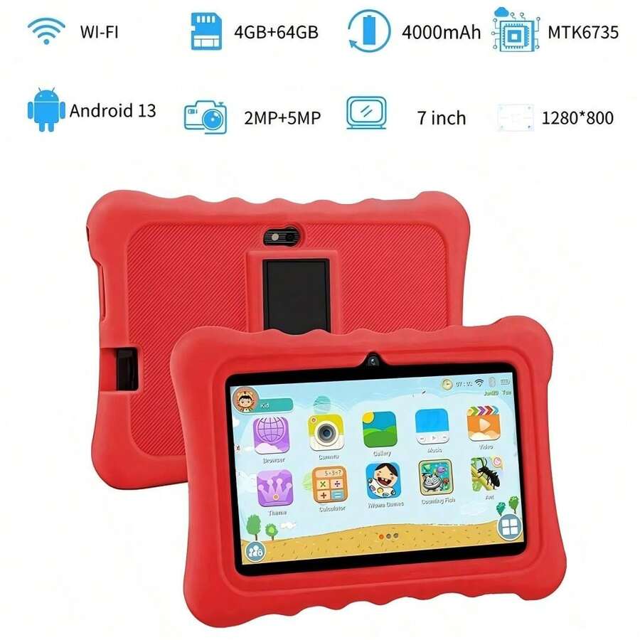 yesido Tablet 7 inci dengan RAM 4GB + ROM 64GB / Prosesor Quad-Core 1.3GHz / Android 13 MTK8321 / Layar IPS HD 1280x800 / Kamera 2MP+5MP / Baterai 4000mAh / WiFi, Kontrol Orang Tua, Edukasi, Game / Bahan ABS + Silikon, Tablet Edukasi